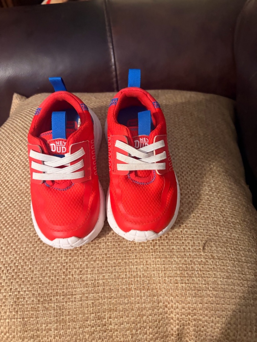 Hey Dude Kids Red Sneakers with White Soles and Blue Tabs